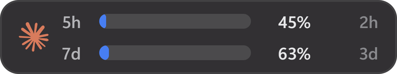 The floating desktop widget with session and weekly quota bars.